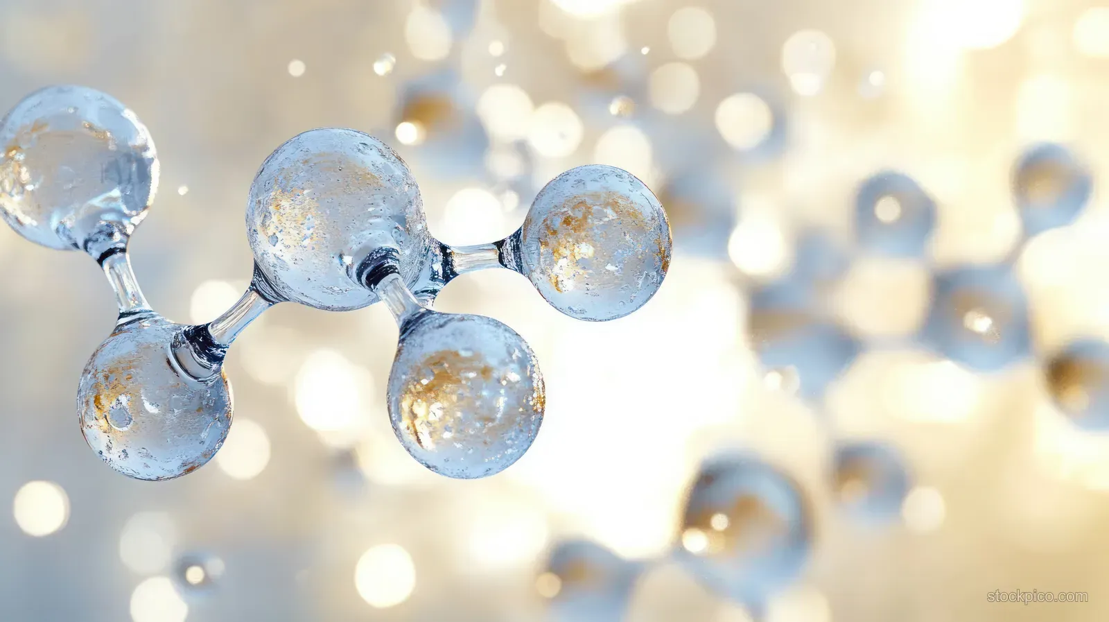 Transparent molecular spheres connected by thin bonds with reflective highlights and soft glowing bokeh in the background.