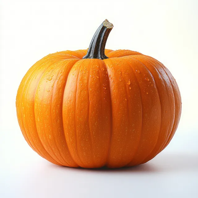 Vibrant orange pumpkin on soft white background with detailed ridges and dramatic studio light