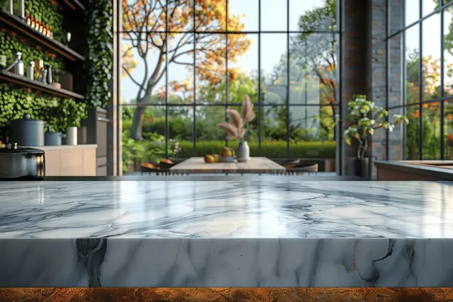 Marble kitchen island with sink beneath large window, softly blurred greenery outside