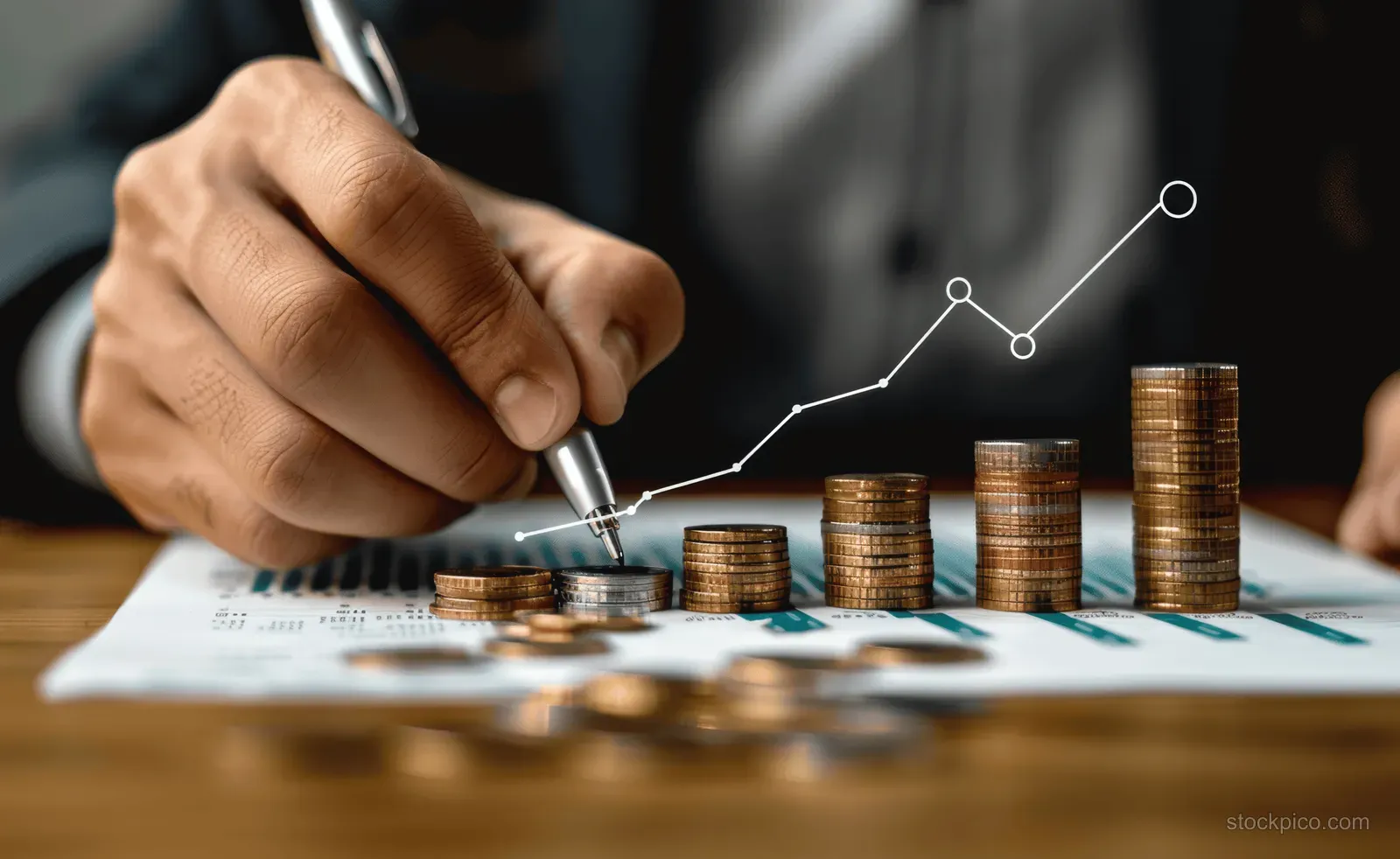 A hand points to a rising investment graph while coins and chart paper sit on a desk.