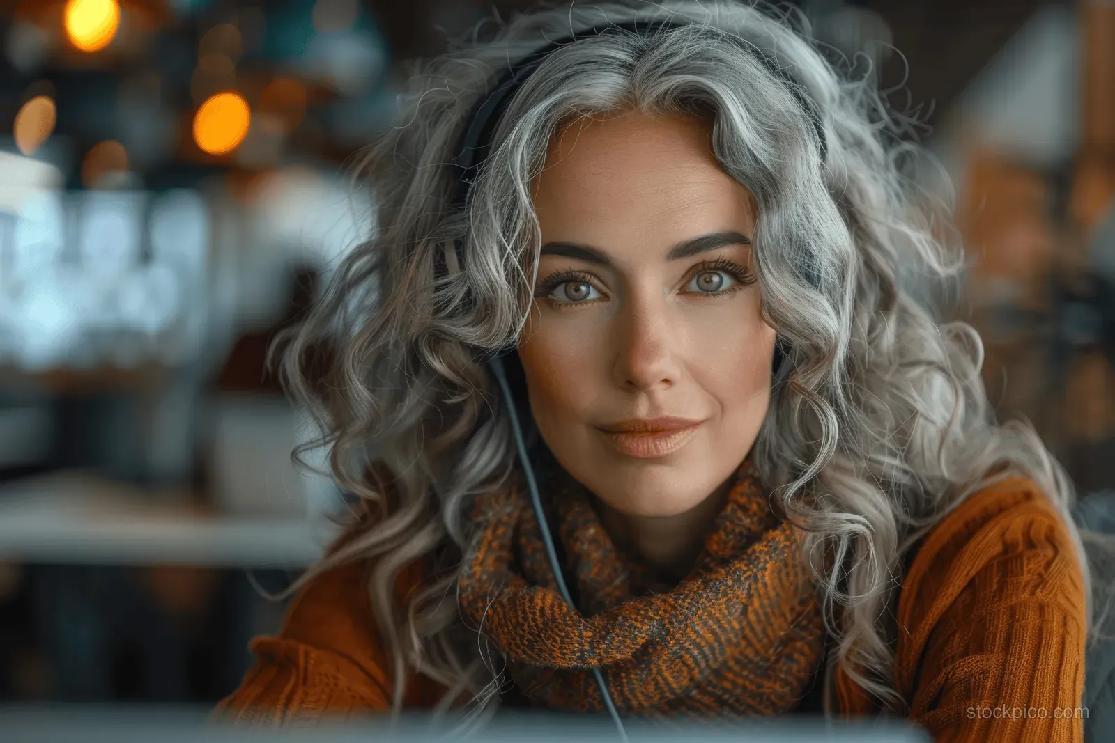 Gray-haired call center agent wearing a headset speaks while working on a laptop in an office setting.