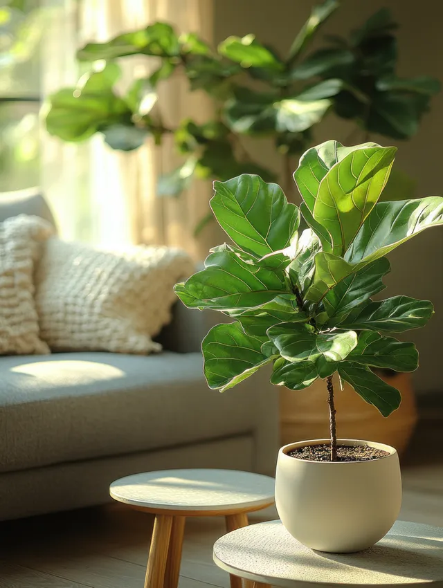 Fiddle leaf fig in a white pot beside sofa, minimalist living room sunlight