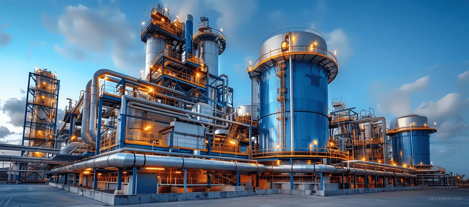 Hydrogen power plant facility with blue storage tanks and orange pipework against a clear blue sky.