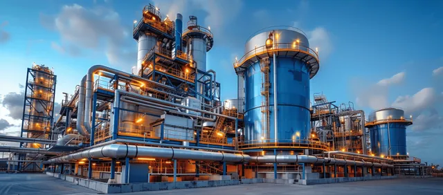 Hydrogen power plant facility with blue storage tanks and orange pipework against a clear blue sky.