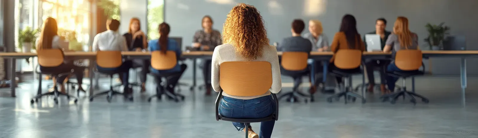 Diverse candidates sit in a modern office waiting area with laptops, folders, and scheduled interview cues.
