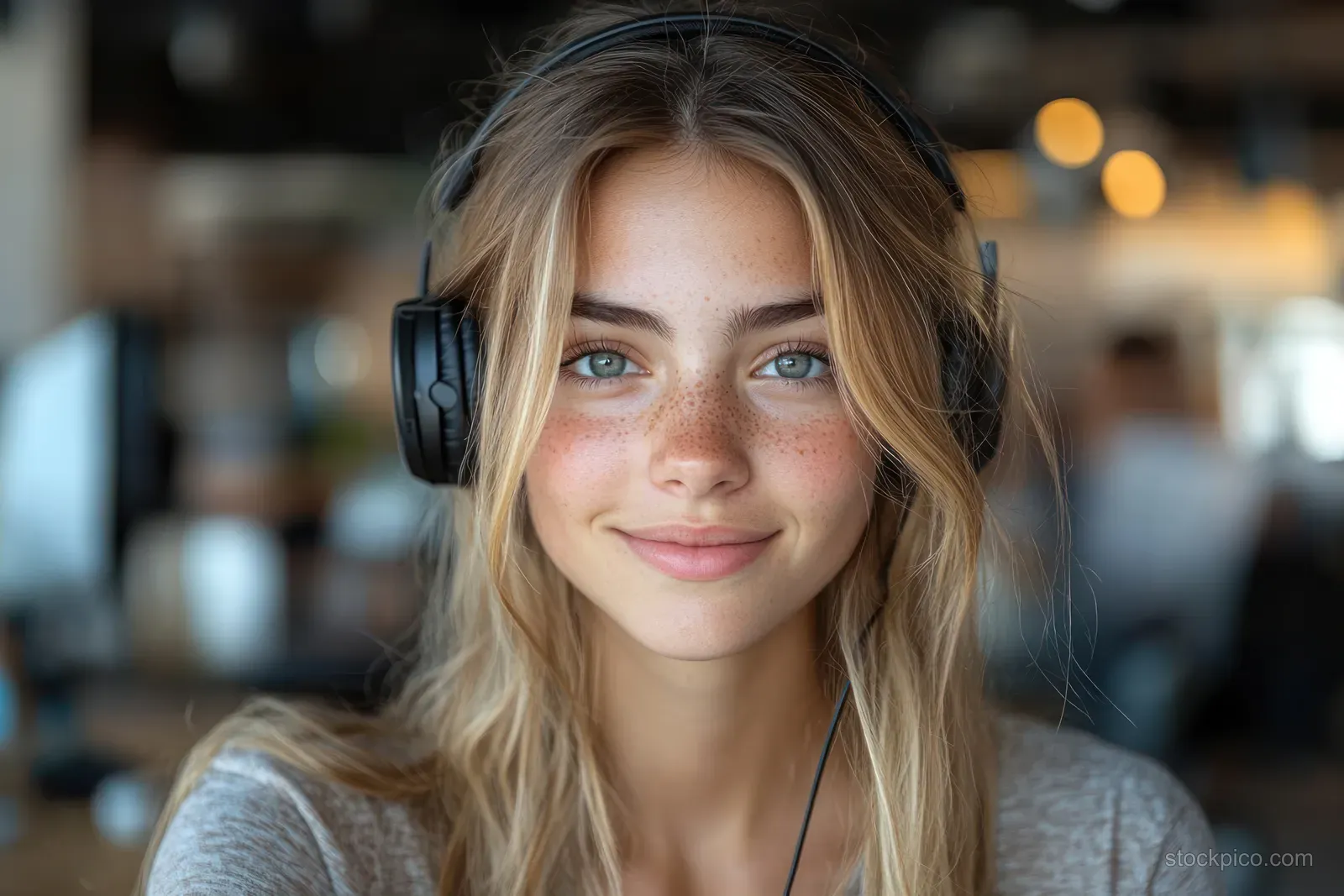 Young office operator wearing a headset seated at a desk with soft window light and blurred office background.