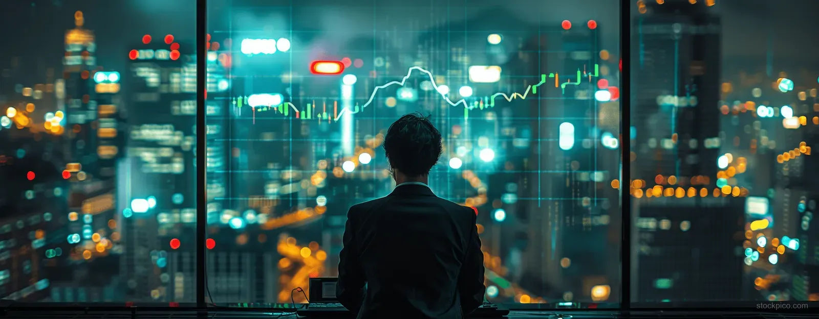 Silhouetted businessman looks at glowing stock market graphs and upward arrows over a night skyline of skyscrapers.