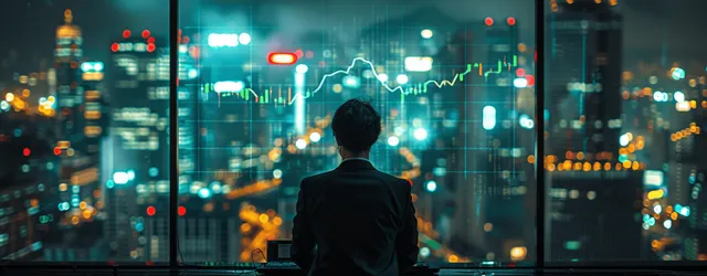 Businessman watching stock market graph and glowing upward arrows over night city skyline