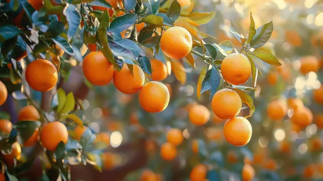 Ripe oranges hang from green branches in a sunlit orchard with glowing golden background bokeh.