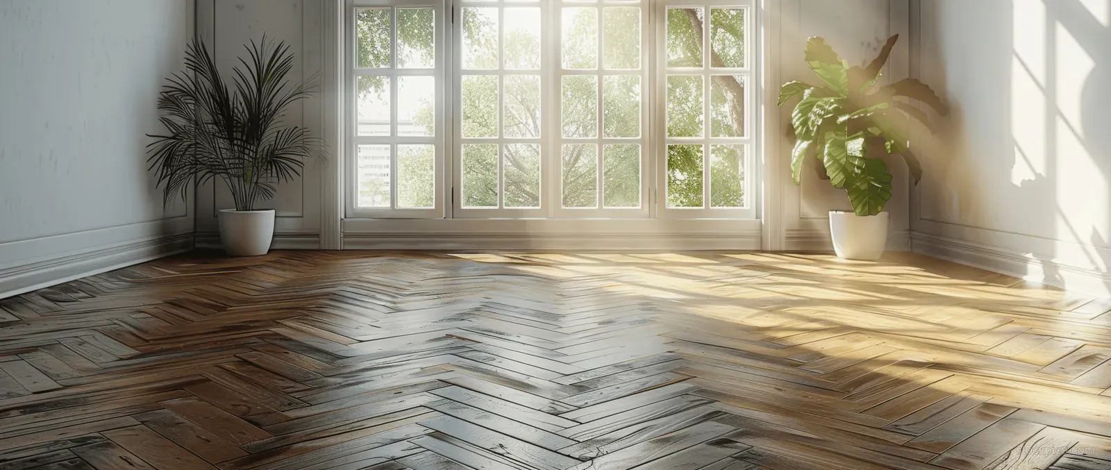 Sunlit empty room with herringbone parquet floor, white walls, and plants beside a tall window.