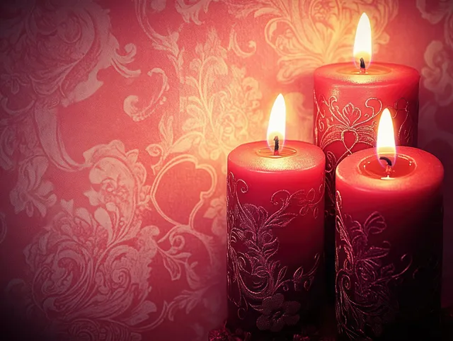 Three red candles with floral designs glow against patterned red wallpaper with warm flickering light.