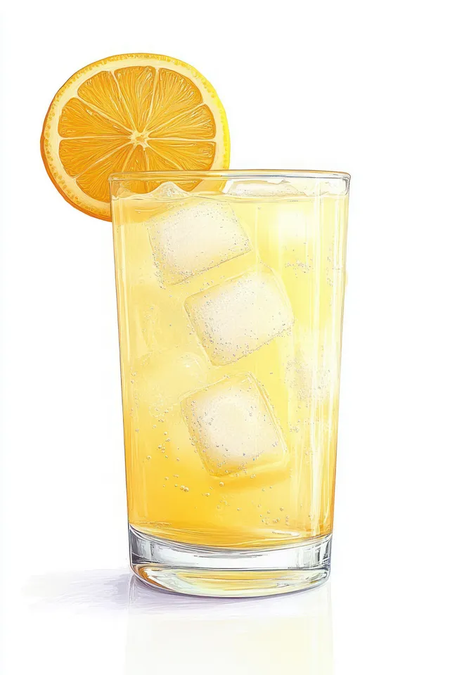 Un vaso de limonada con hielo y rodaja de limón sobre un fondo blanco limpio.
