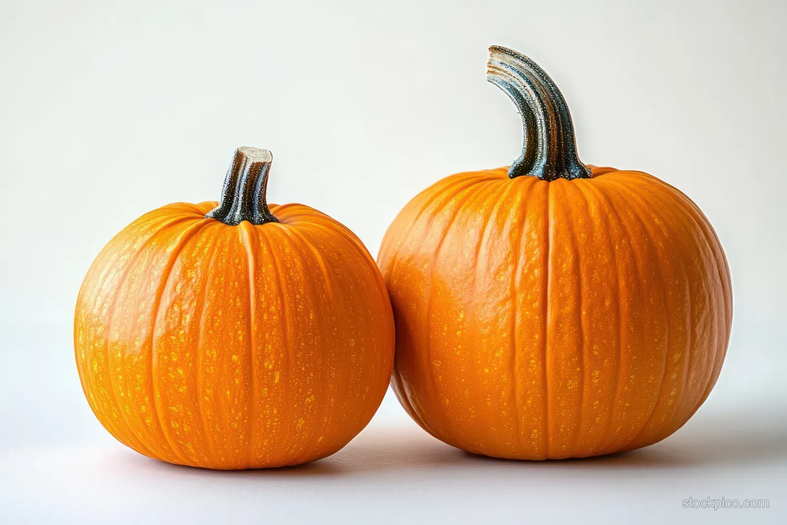 Two orange pumpkins, large and small, isolated on a white background with visible stem and textured skin.