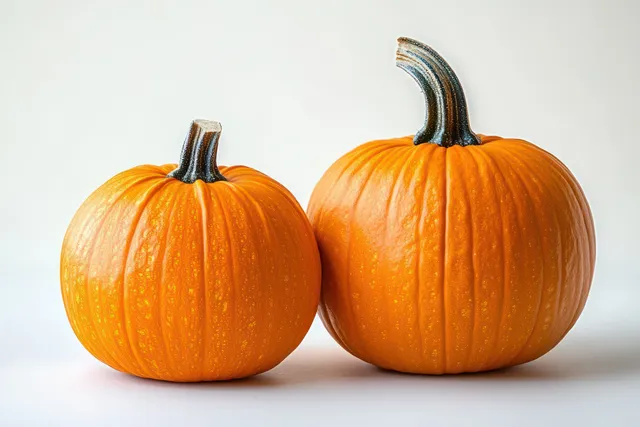 Two pumpkins, one large and one small, isolated on white with crisp textured skin