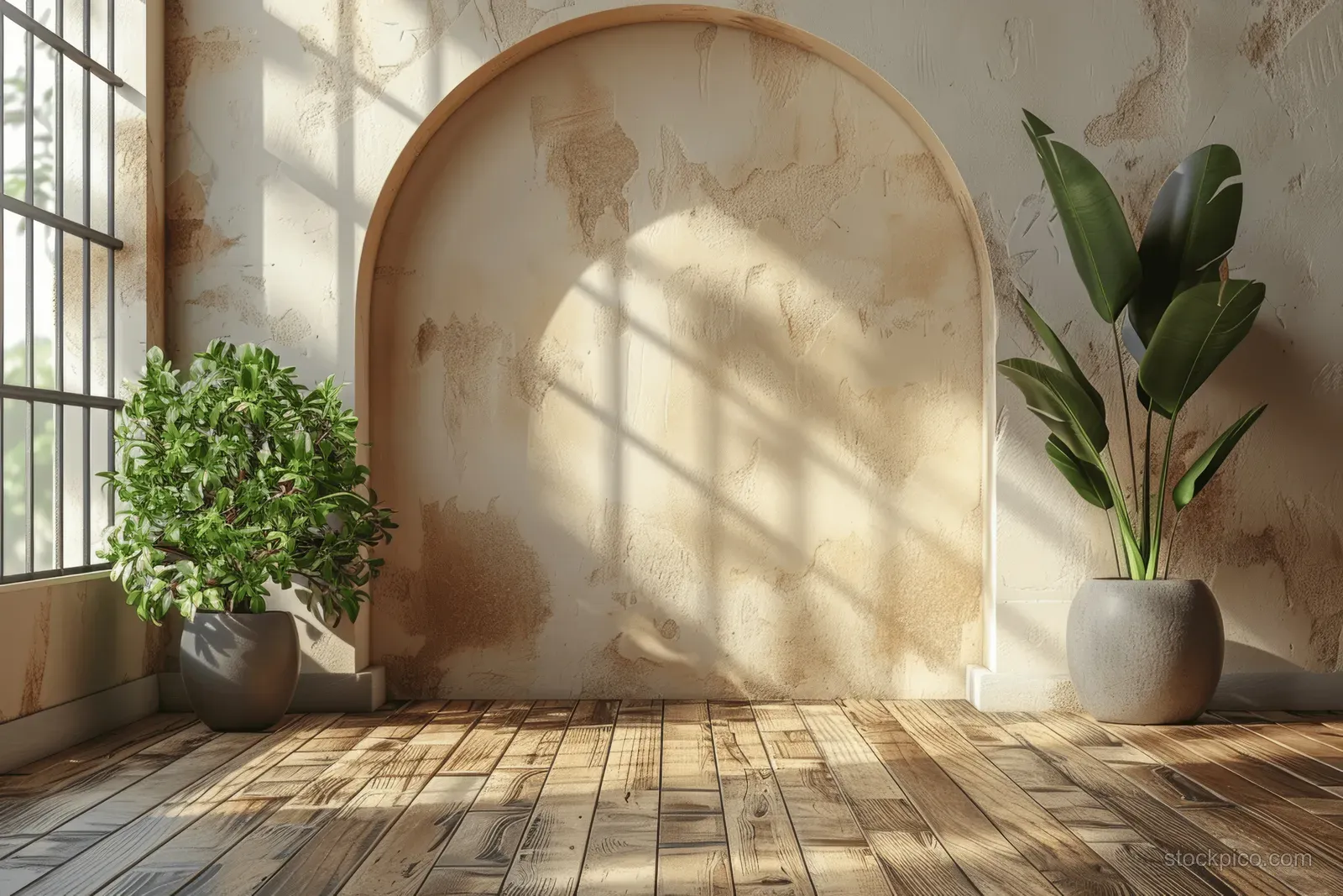 Sunlight pours into a minimalist room with an arched wall niche, wooden floor, and two potted plants.