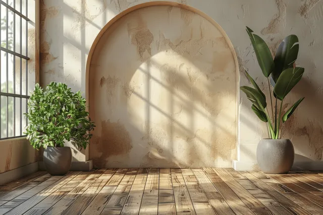 Sunlight pours into a minimalist room with an arched wall niche, wooden floor, and two potted plants.