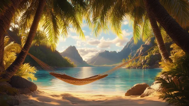 An empty hammock hangs between palm trees on a tropical beach with calm blue water and distant mountains at sunset.