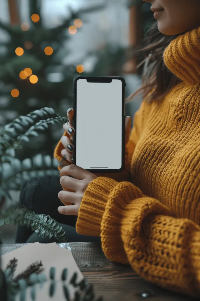 Woman in a yellow sweater holds a smartphone with a blank screen near an office desk.
