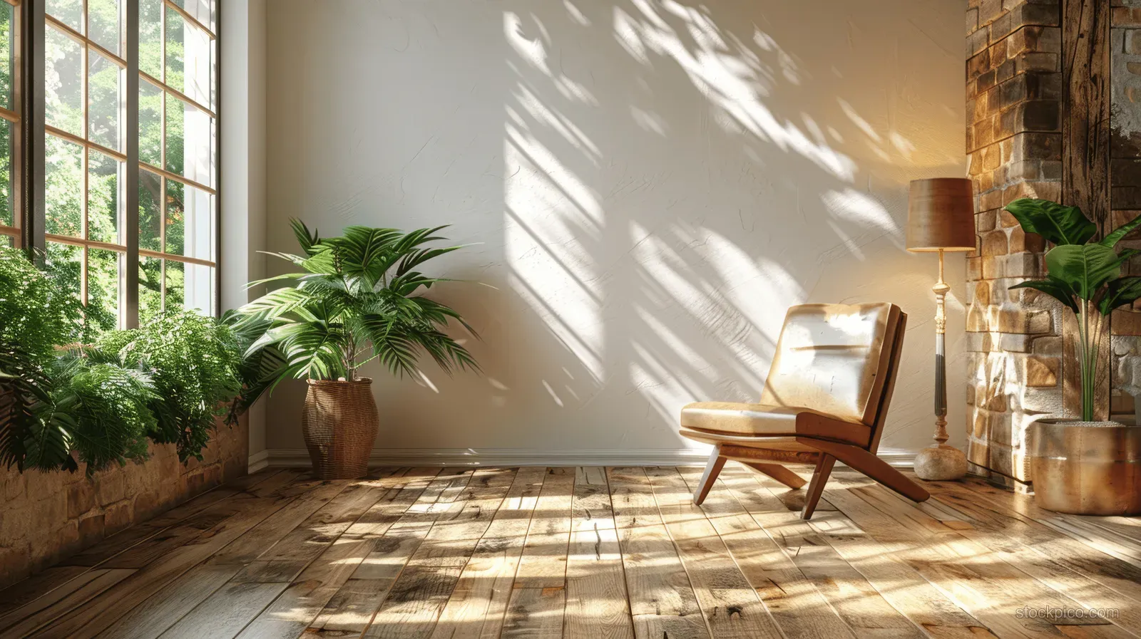 Leather armchair sits in a bright minimalist room with white walls, potted plants, and window light shadows.