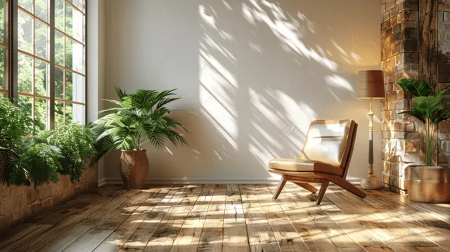 Leather armchair sits in a bright minimalist room with white walls, potted plants, and window light shadows.