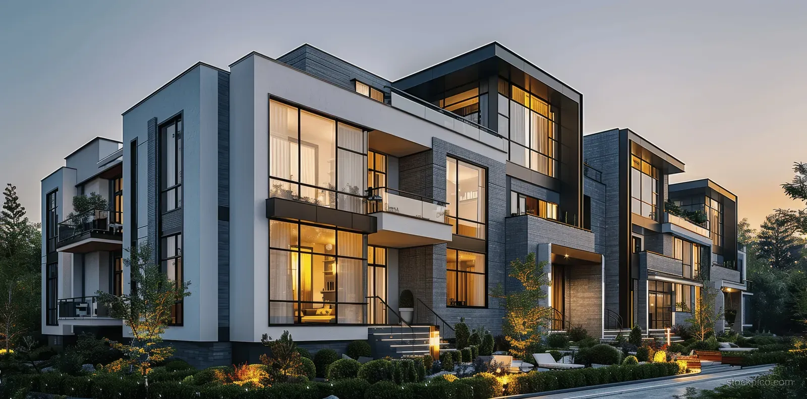 Modern townhouses with panoramic windows glow with warm light at dusk along a quiet street.