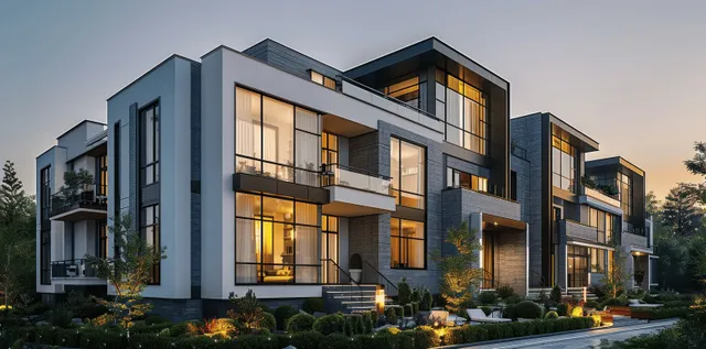 Modern townhouses with panoramic windows glow with warm light at dusk along a quiet street.