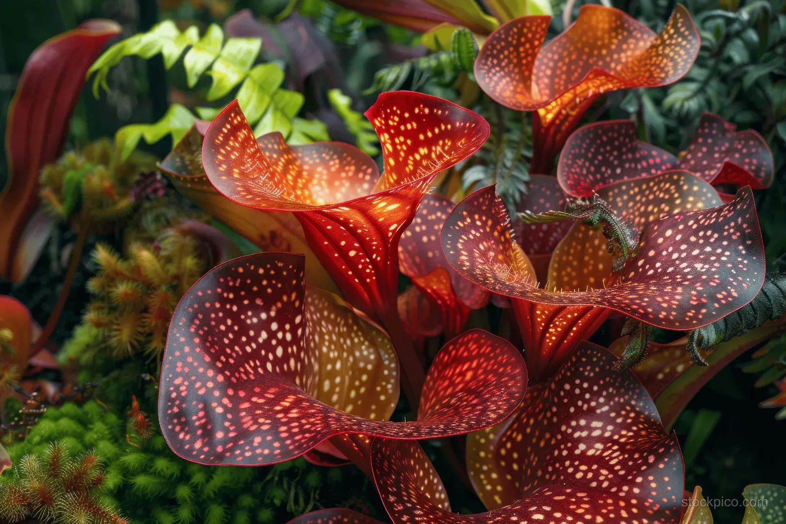 Red speckled carnivorous pitcher plants cluster in a lush mossy terrarium background.