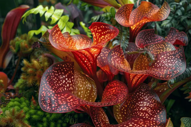 Red speckled carnivorous pitcher plants cluster in a lush mossy terrarium background.