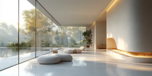 A modern office interior with curved windows, natural light, and minimal furnishings creates a calm and spacious workspace.