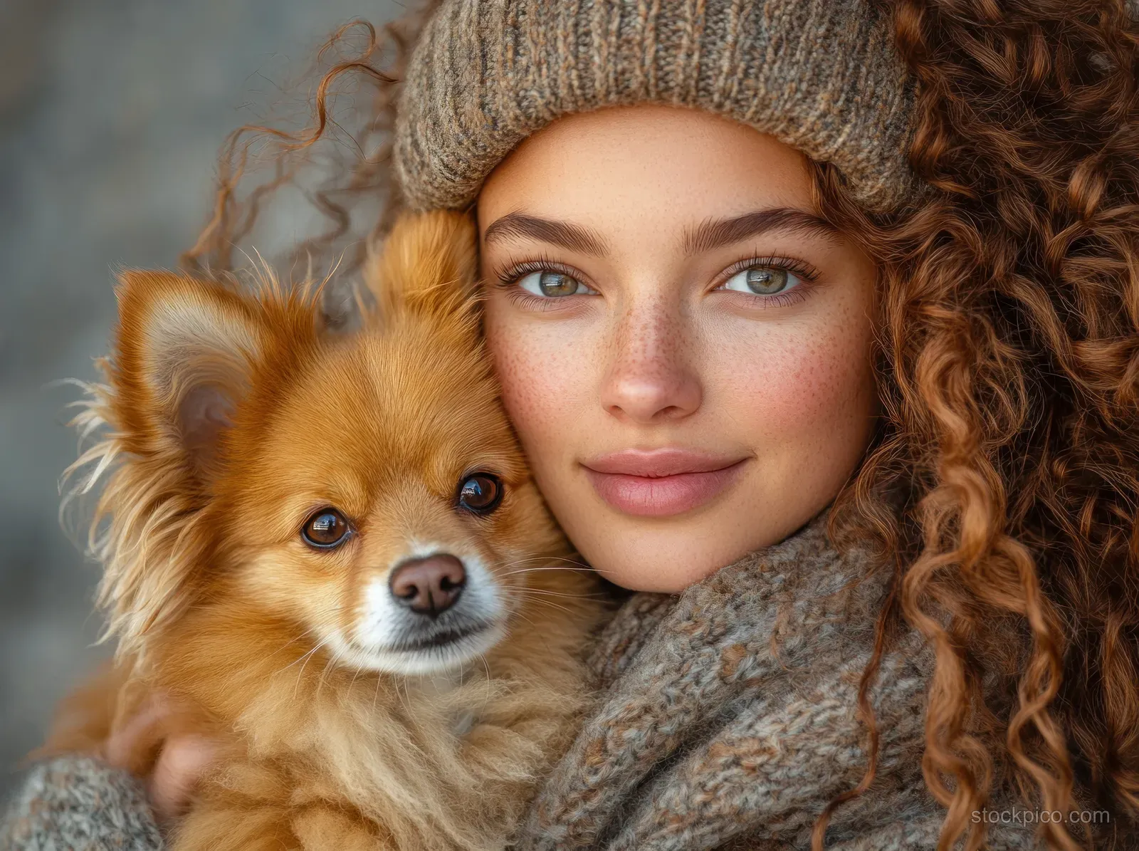 A woman holds a fluffy puppy close in a warm, soft-focused indoor studio portrait.