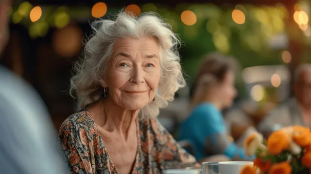 Smiling elderly woman seated at an outdoor garden party with blurred guests in the background.