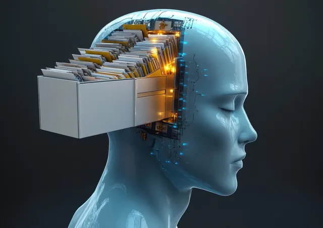 Translucent AI head model shows an open drawer filled with organized files and glowing data lines.