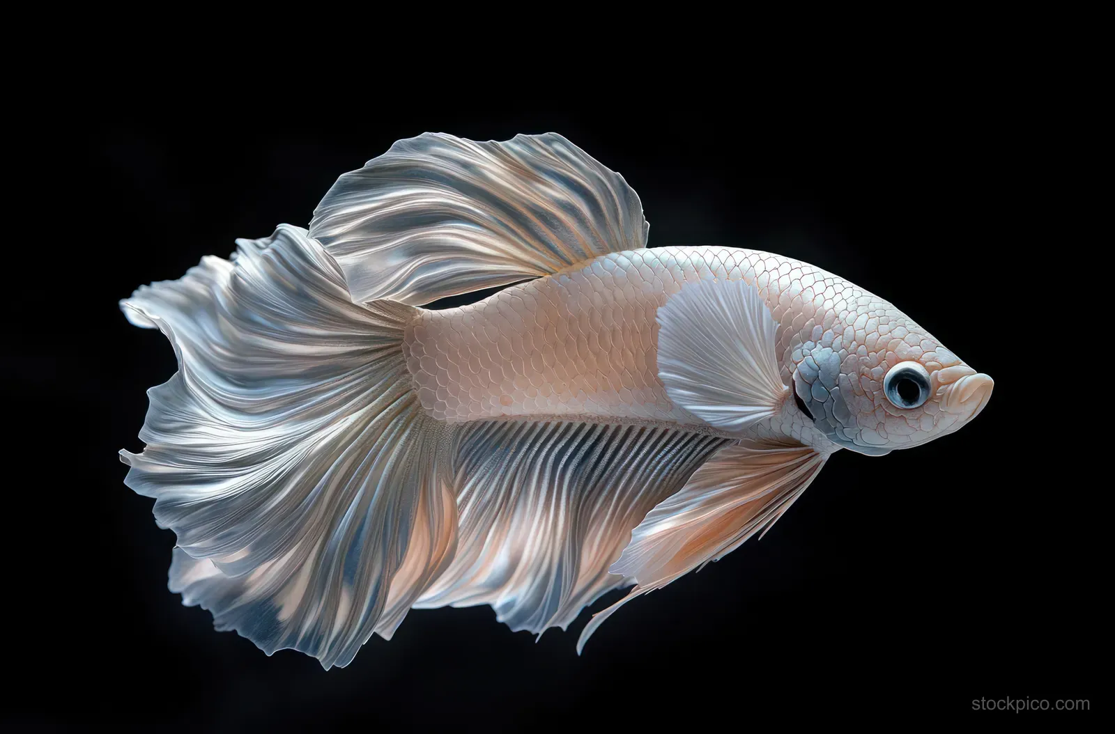 Pale betta fish swimming against a black background with translucent fins and visible shimmering scales.