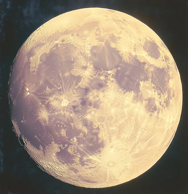 Close-up of a glowing full moon showing detailed craters and dark lunar maria against a dark sky.