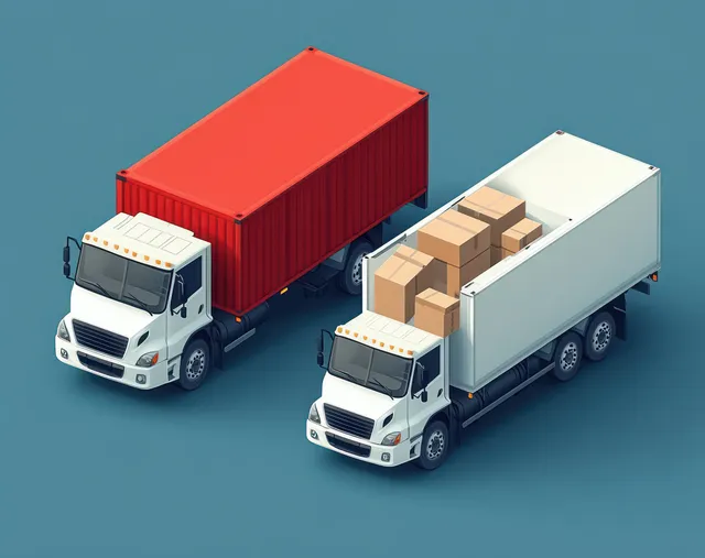 Two white cargo trucks on a blue background, one with a red container and one with an open trailer full of cardboard boxes.