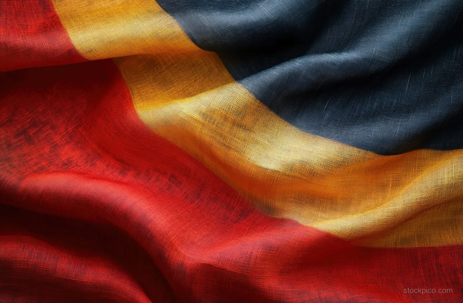 Close-up of folded striped fabric with red, yellow, and dark blue bands showing textured weave and soft shadows.