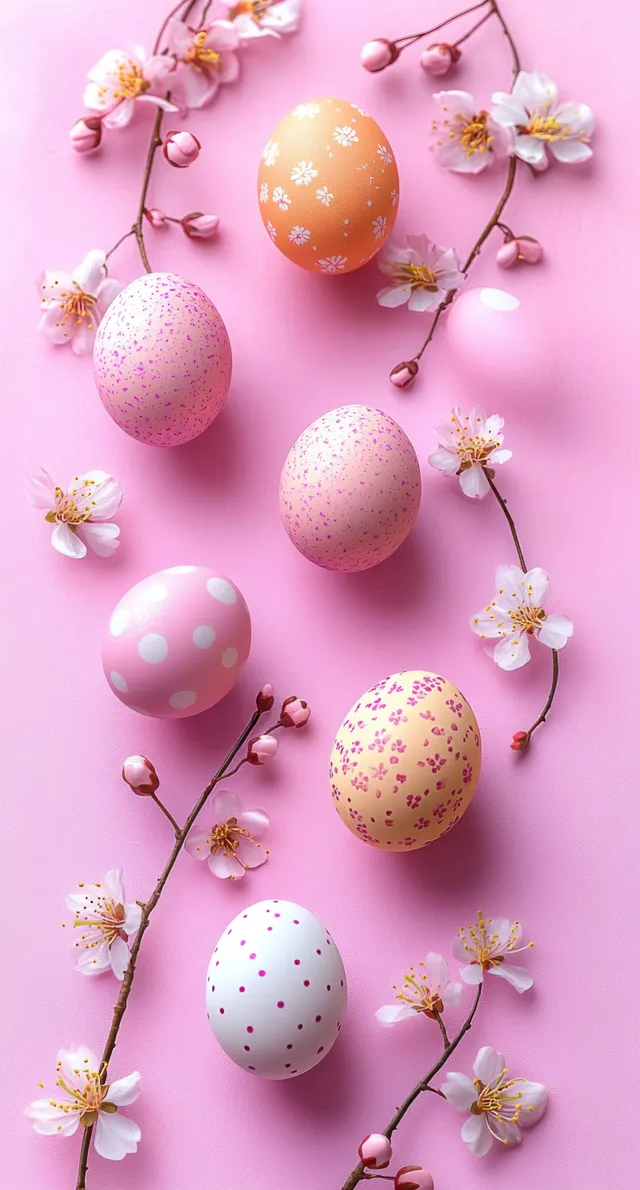 Pastel Easter eggs with floral and polka dot patterns arranged with cherry blossom branches on a pink background.
