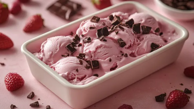 Top view of strawberry chocolate chip ice cream in a white container on a light pink background with strawberry pieces and chocolate chunks.