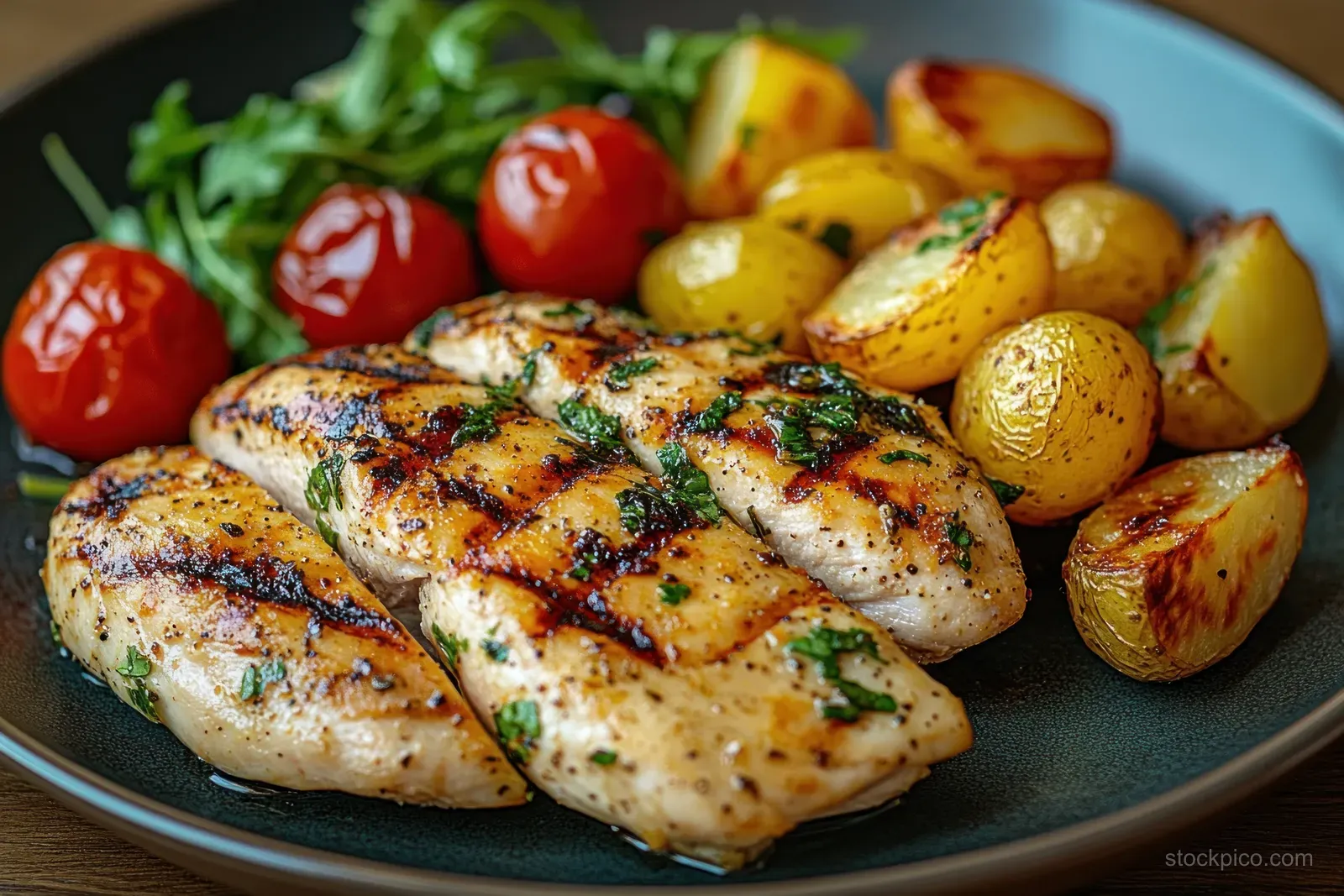 Herb-garnished grilled chicken breasts served with roasted cherry tomatoes, golden baby potatoes, and fresh arugula on a dark plate.