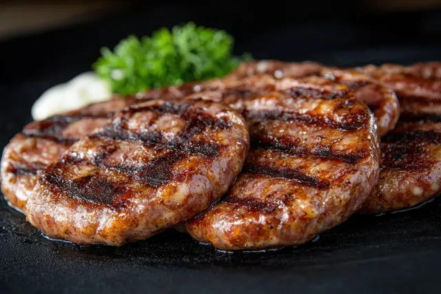 Grilled meat patties with char marks on a dark surface beside parsley and a white sauce dollop in the background.