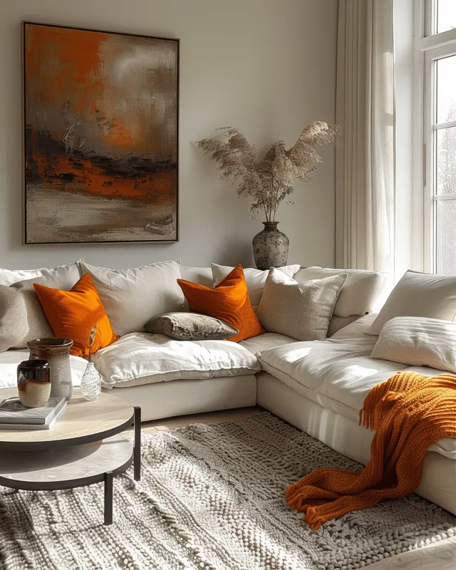 Minimalist living room with beige sectional, orange pillows, white coffee table, and abstract wall art with Lighting And Window Views
