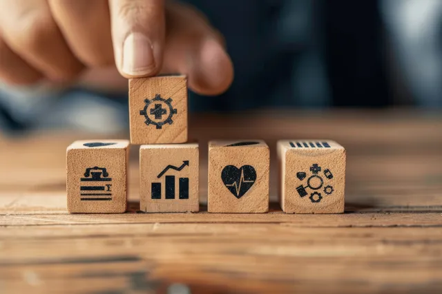 A hand places wooden blocks with icons for health insurance, pensions, and benefits on a desk.