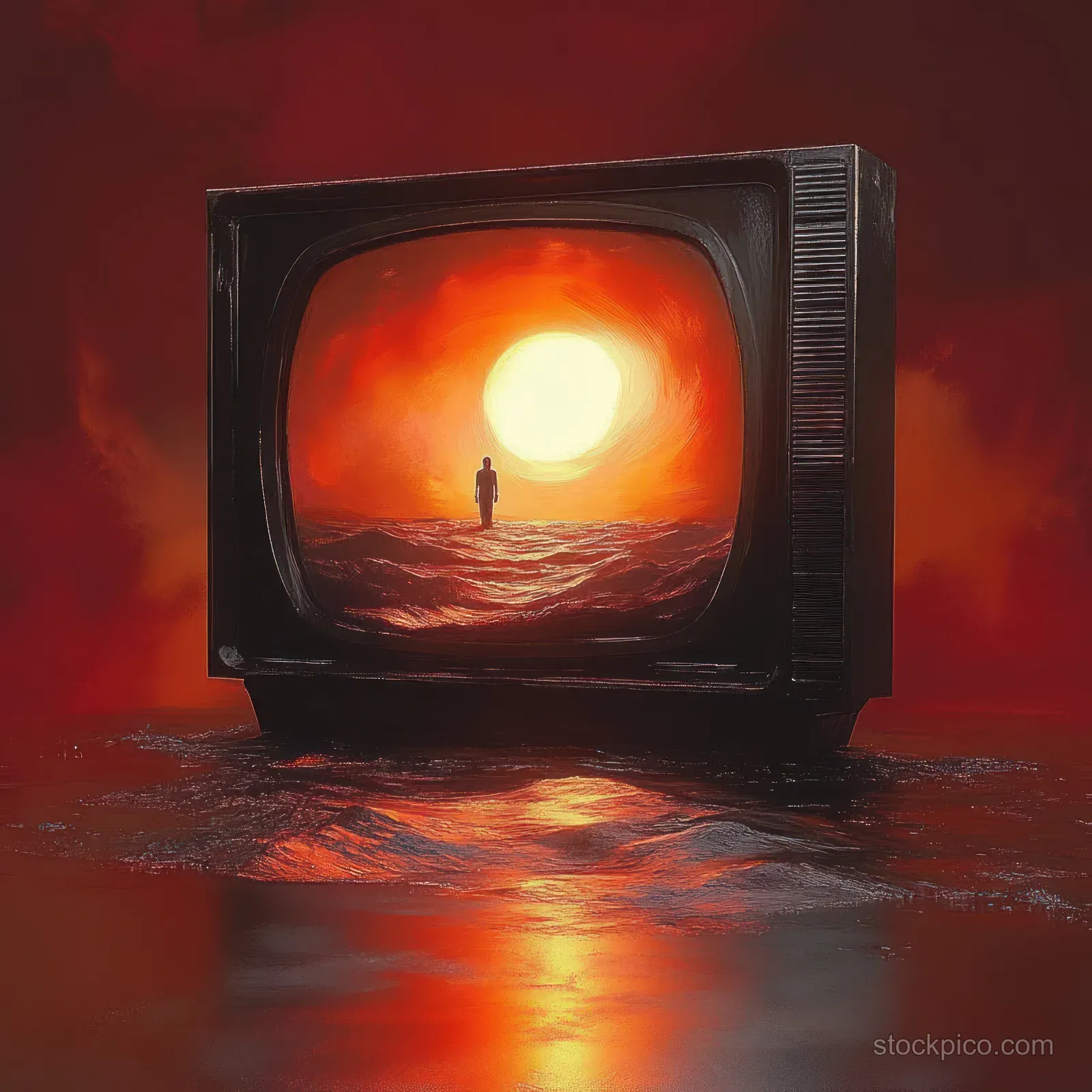 A submerged vintage TV displays a solitary figure standing on ocean waves during a fiery red sunset.