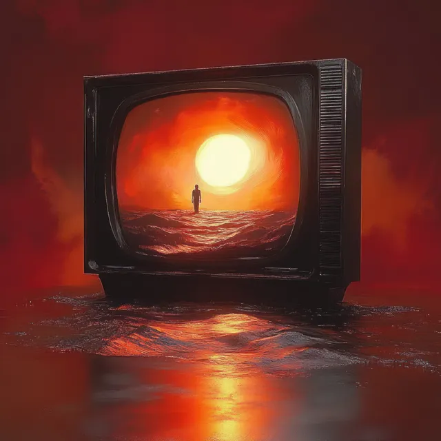 Solitary silhouette stands on waves inside a submerged vintage TV reflecting fiery sunset
