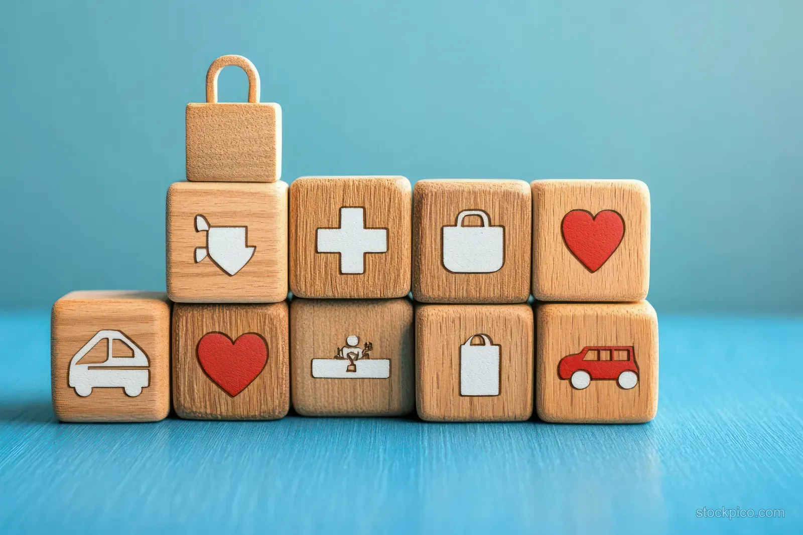 Stacked wooden blocks display insurance icons for family, health, car, travel, and home coverage.