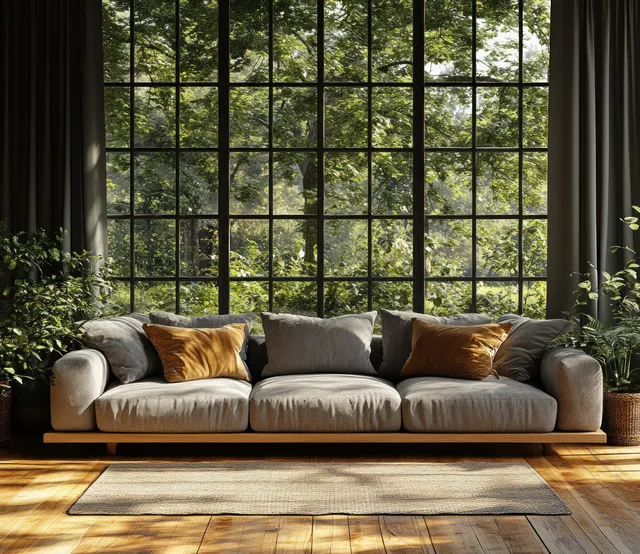 Grey sofa with cushions along a warm wooden floor facing tall window panes framed by dark curtains.