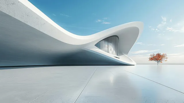 Curved minimal concrete building exterior with blue sky, soft shadows, and perspective