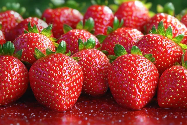 Cluster of ripe red strawberries with dew droplets and green leaves against a soft blurred background.