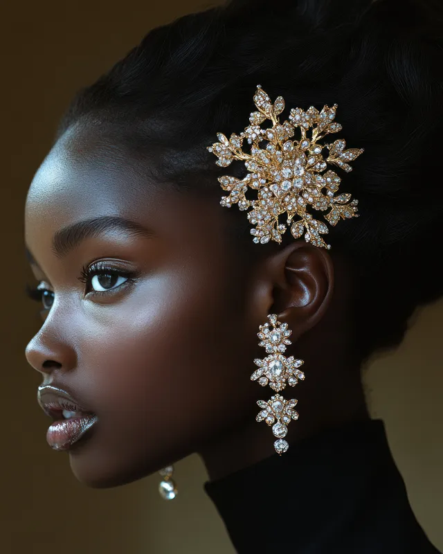Woman in side profile wearing cascading diamond earrings, with soft light against a warm dark background.