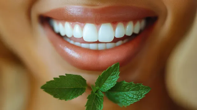 A smiling mouth holds fresh green mint leaves with bright white teeth visible in a close-up.